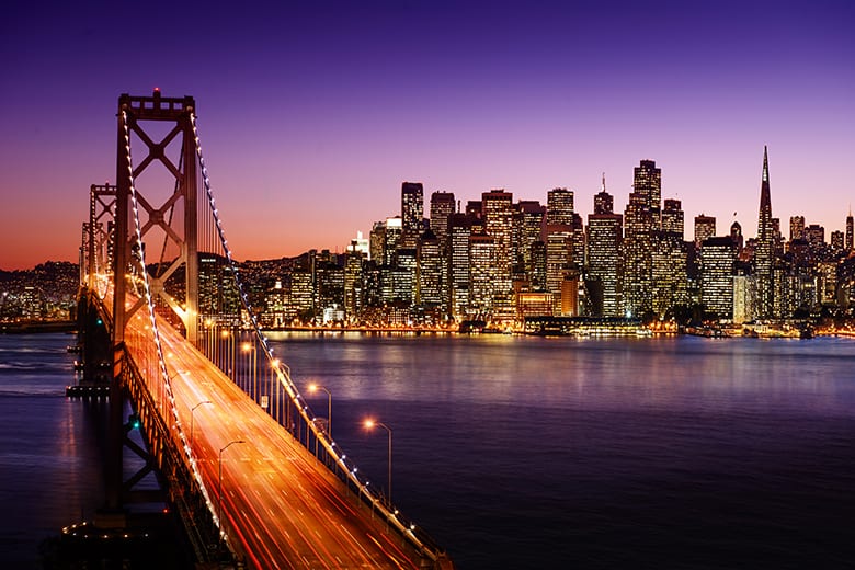 Evening skyline of San Francisco, featuring the Golden Gate Bridge